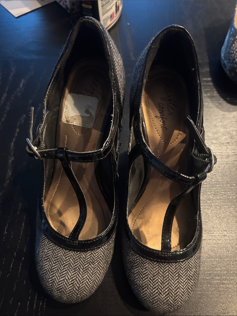 Dexter Gray Herringbone T-Strap Heels